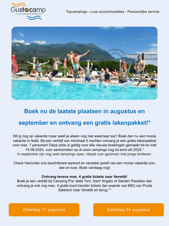 Boek nu de laatste plaatsen in augustus en september en ontvang een gratis lakenpakket.