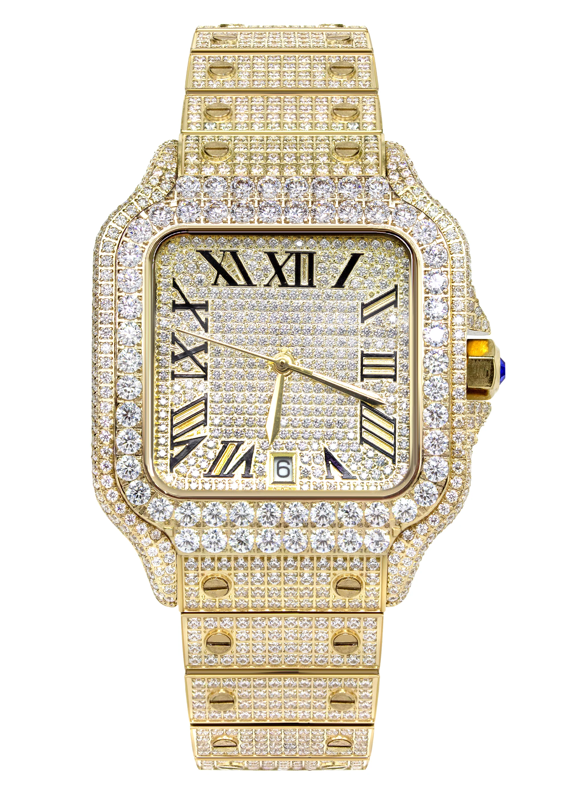 Image of Iced Out Square Shape Roman Dial CZ Gold Plated Stainless Steel Bust Down Watch