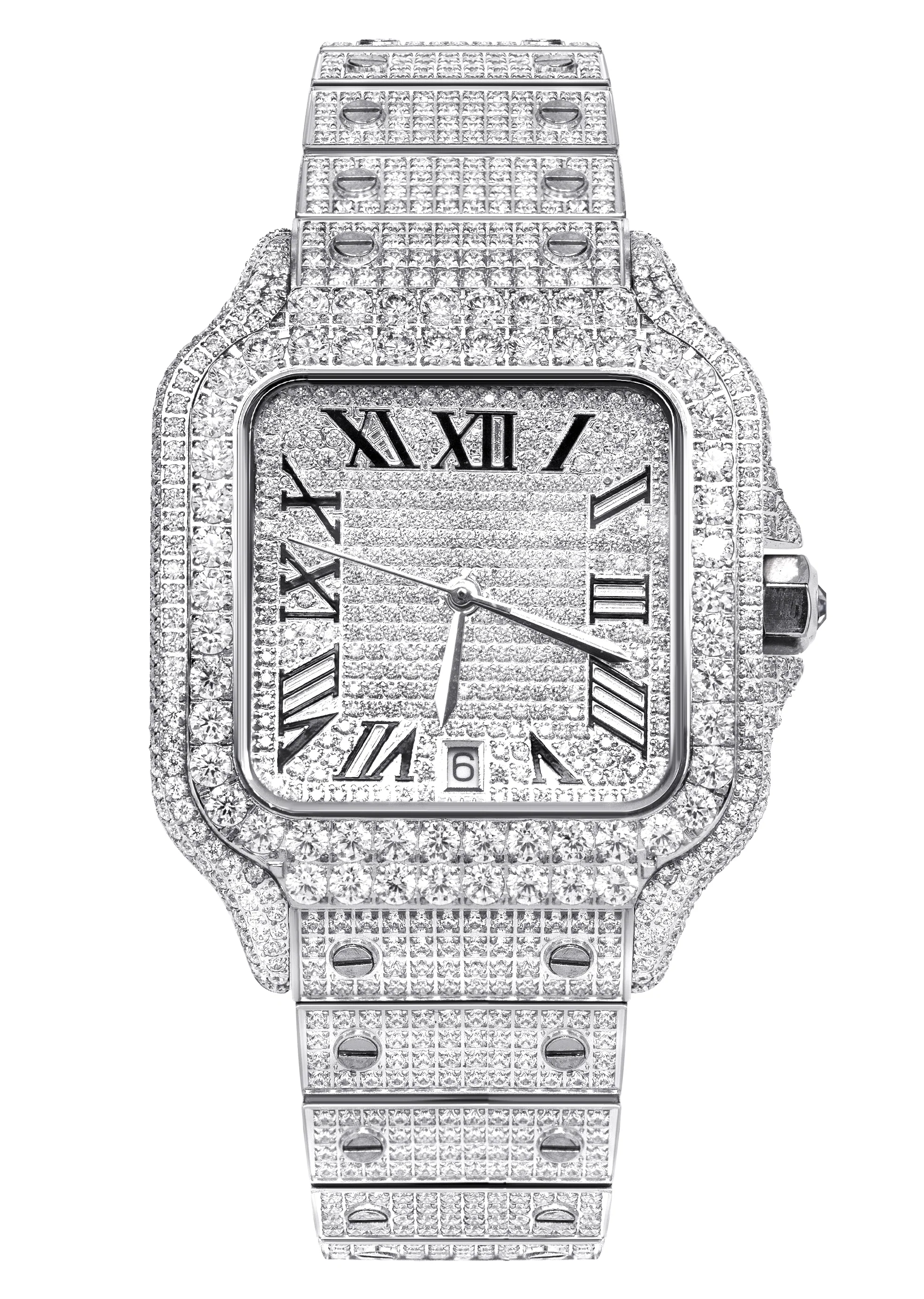 Image of Iced Out Square Roman Dial CZ Gold Plated Stainless Steel Bust Down Watch