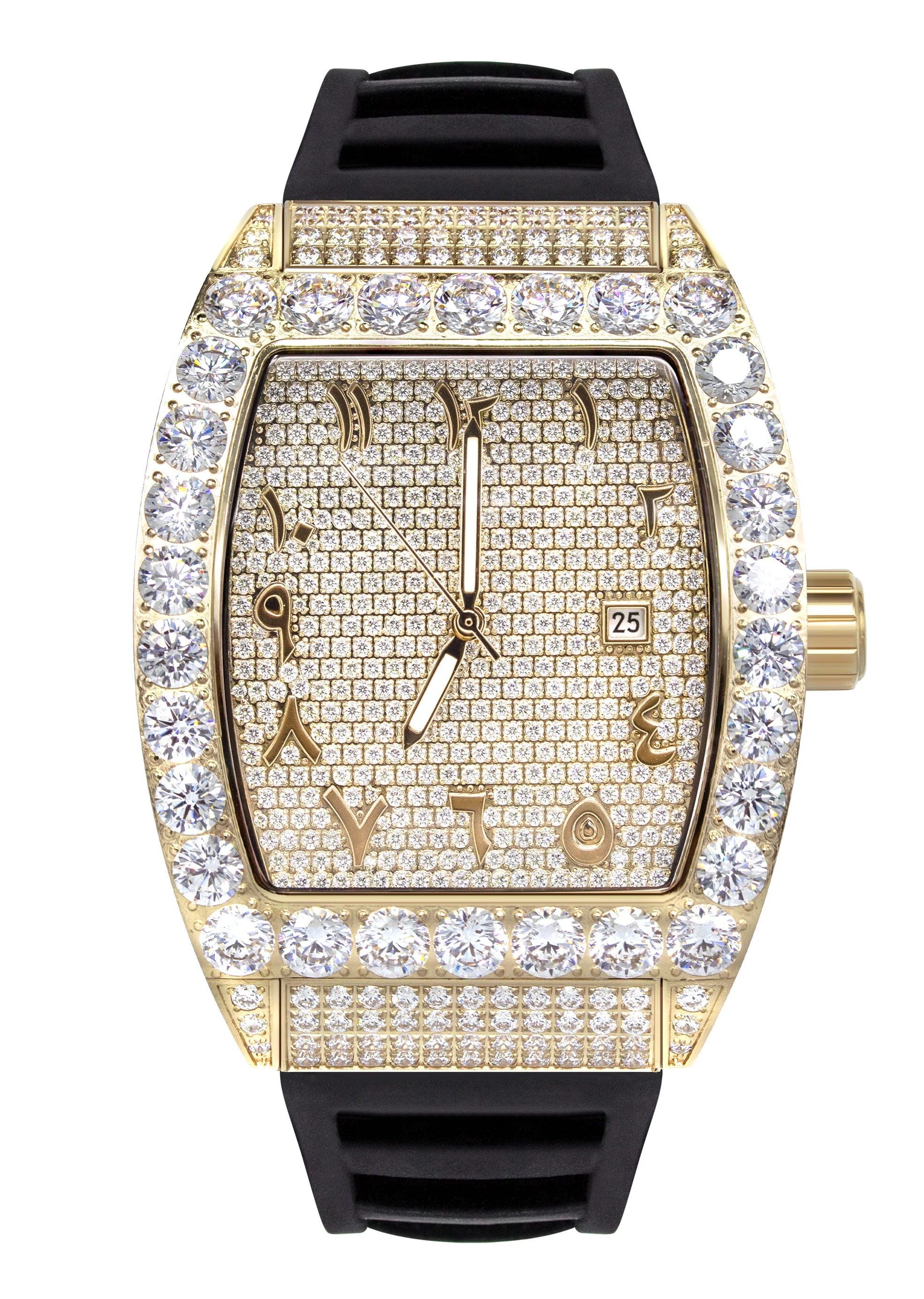 Image of Iced Out Arabic Dial Tonneau Shape CZ Gold Plated Steel Bust Down Watch Rubber Band