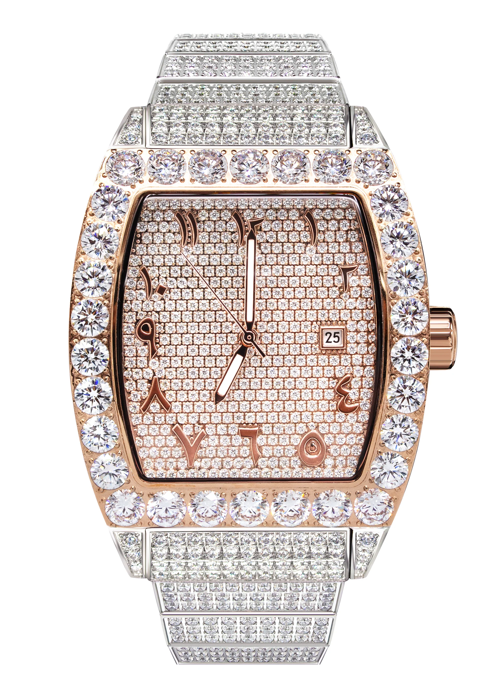 Image of Iced Out Tonneau Two Tone Roman Dial CZ Rose Gold Plated Stainless Steel Bust Down Watch