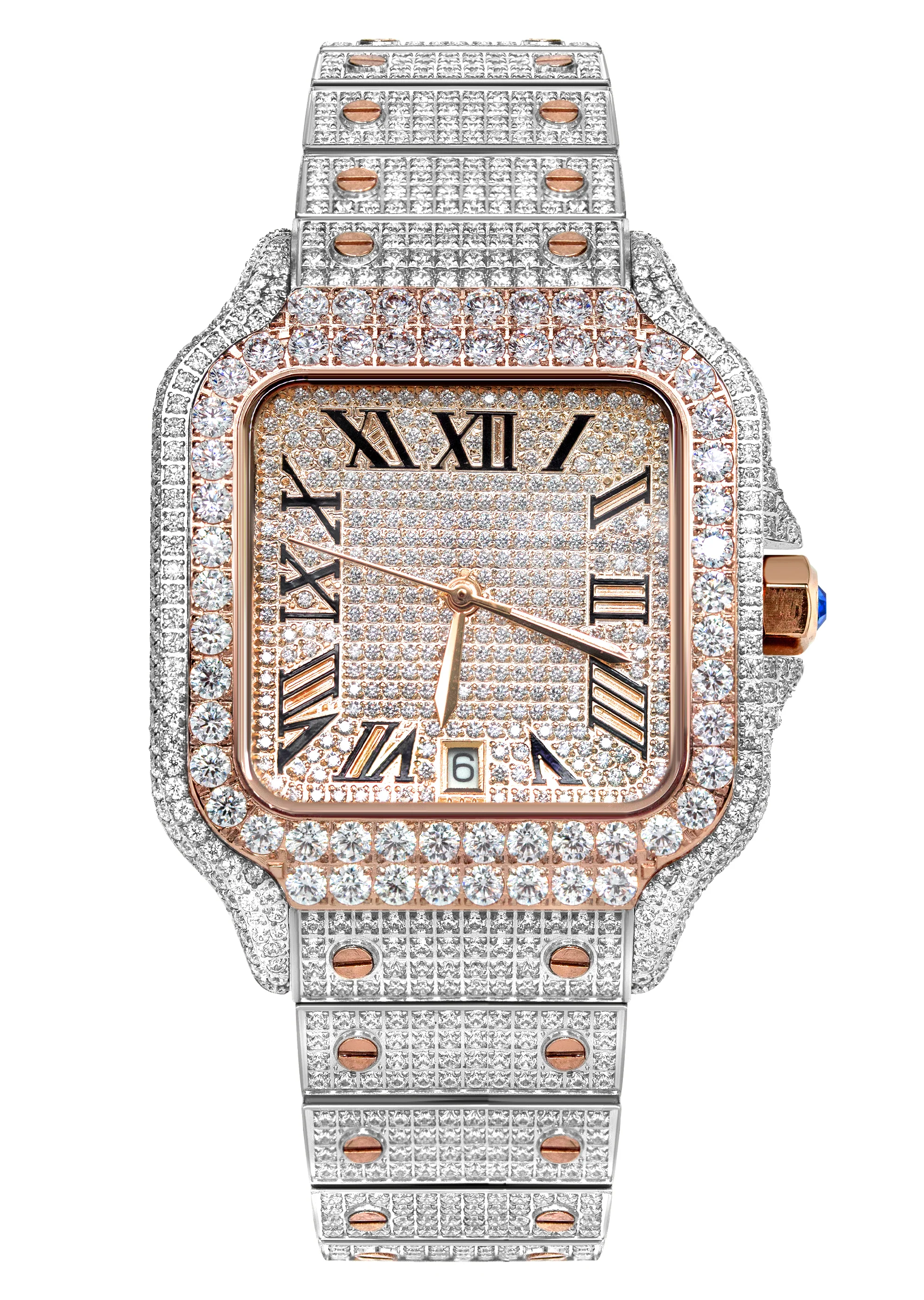 Image of Iced Out Square Two Tone Roman Dial CZ Rose Gold Plated Stainless Steel Bust Down Watch