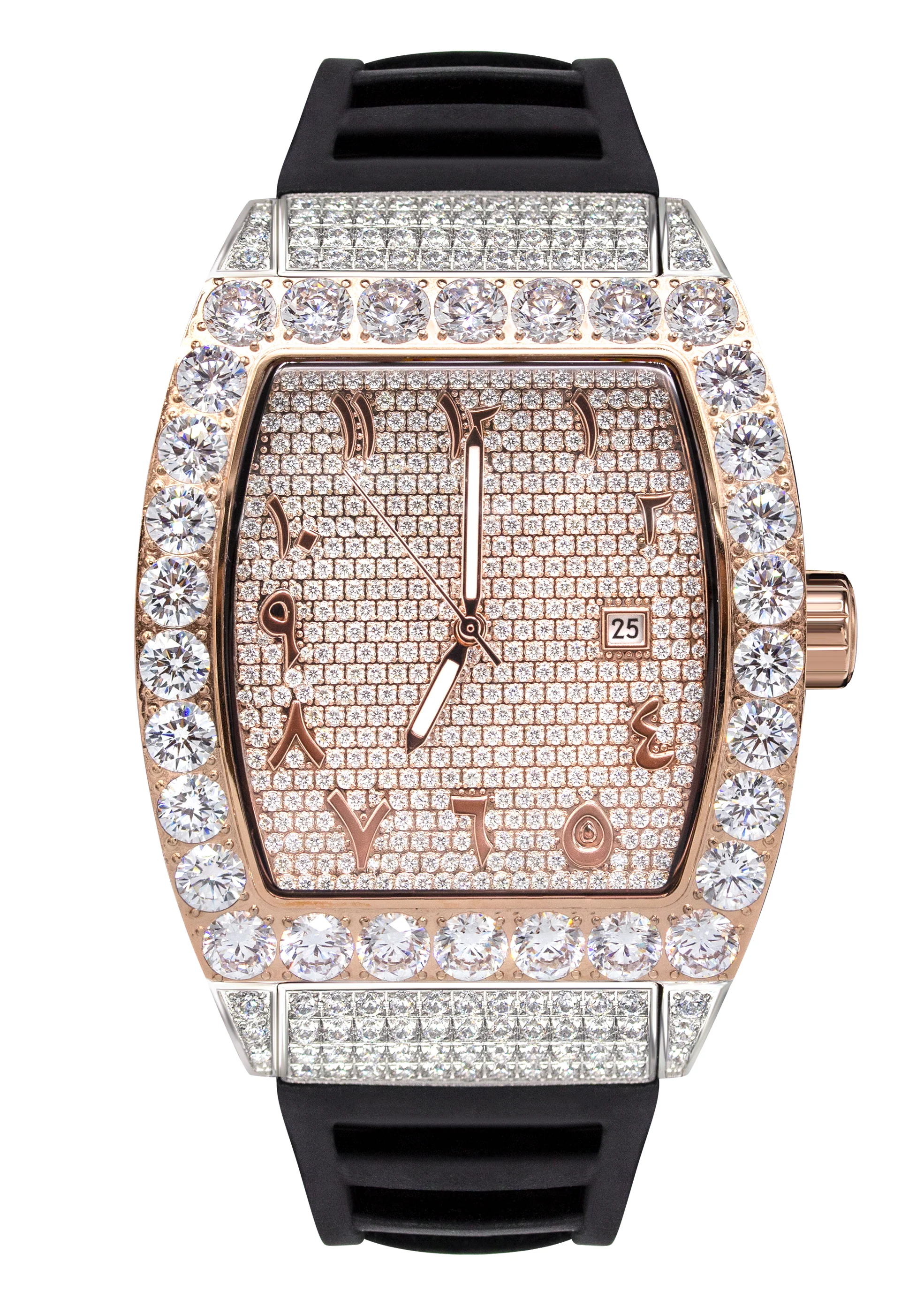 Image of Iced Out Arabic Dial Tonneau Two Tone Rose Bust Down Watch Rubber Band