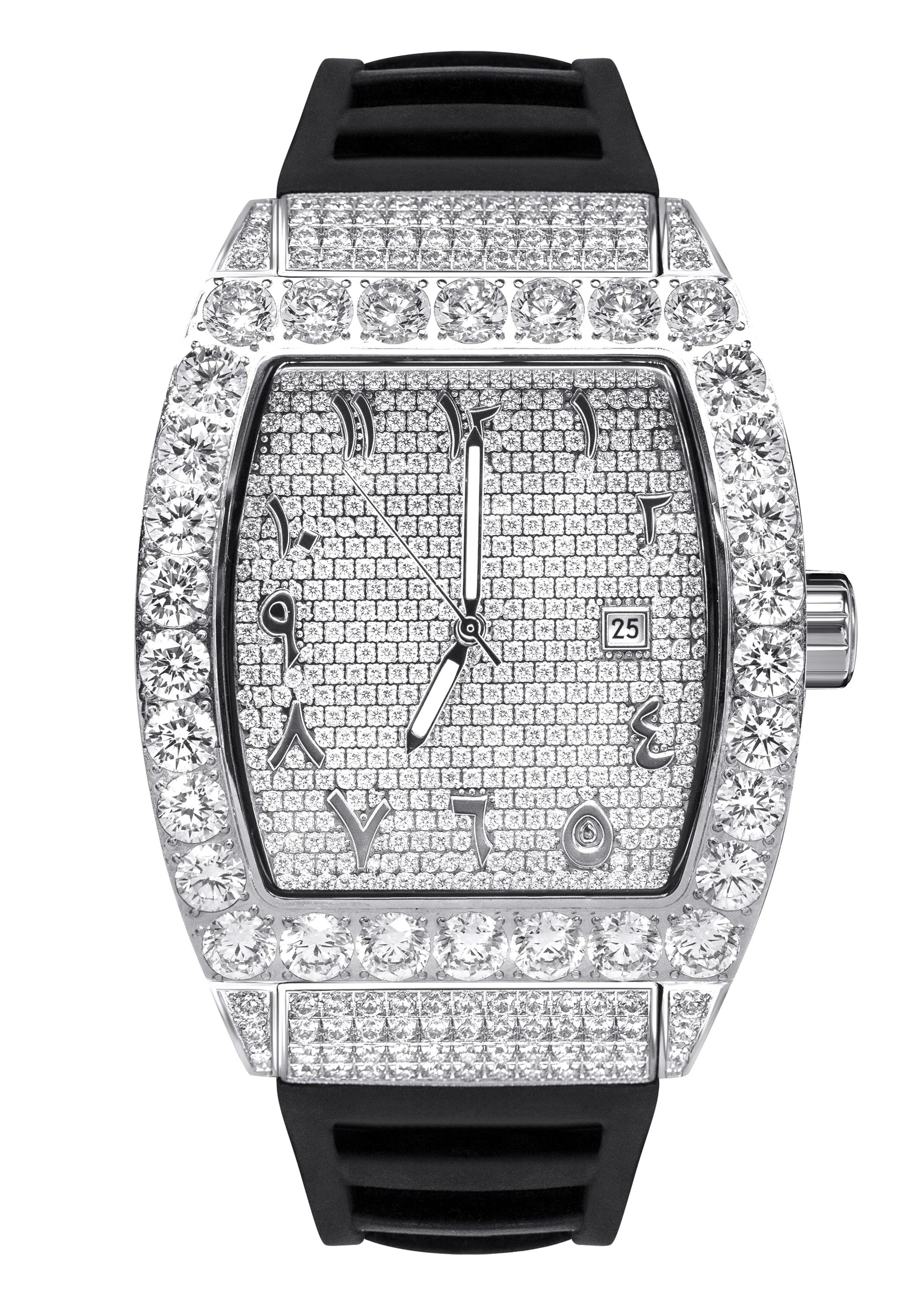 Image of Iced Out Arabic Dial Tonneau Shape Steel Bust Down Watch Rubber Band