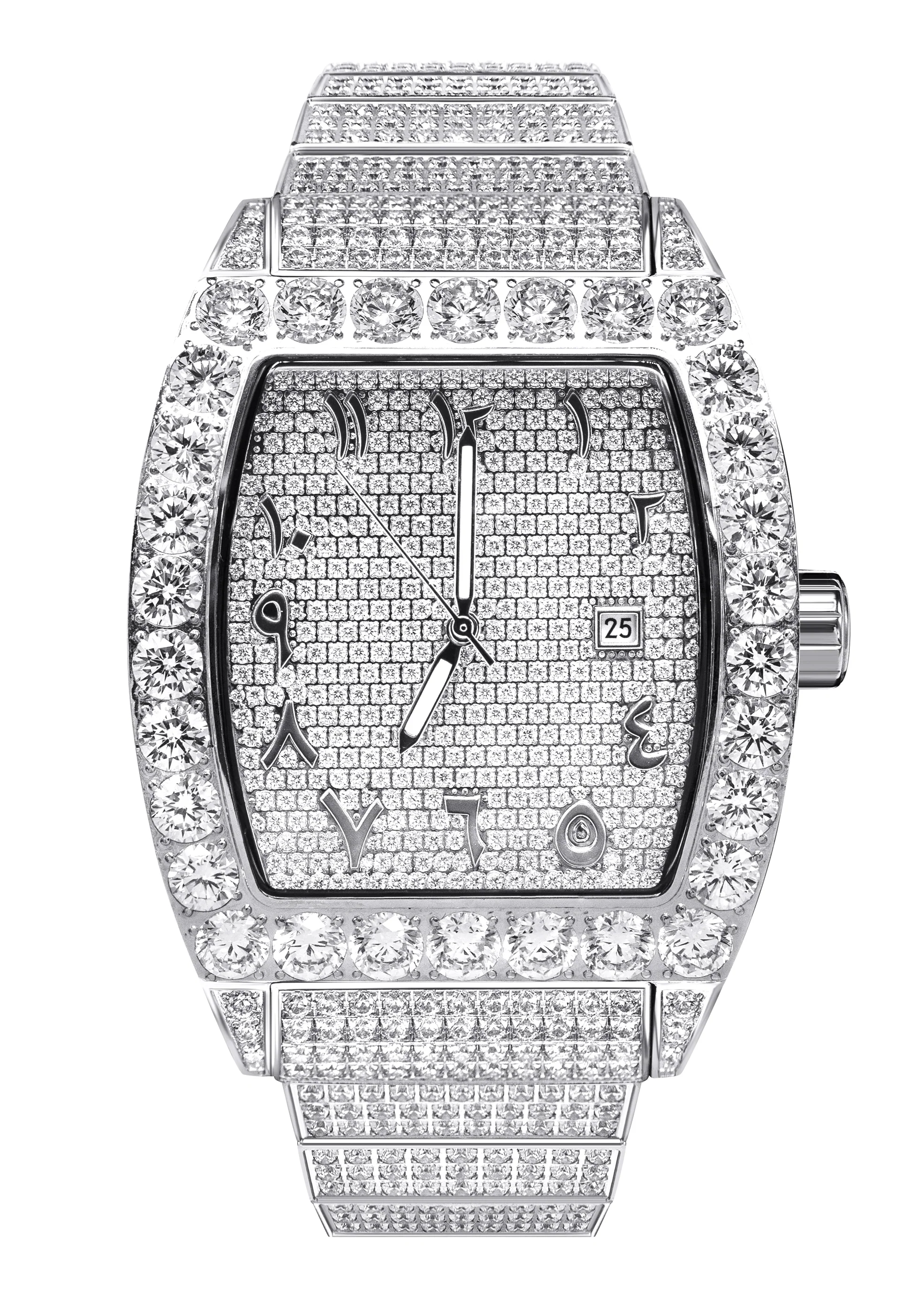 Image of Iced Out Arabic Dial Tonneau Shape CZ Stainless Steel Bust Down Watch
