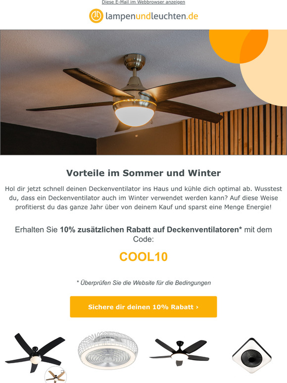 Sichern Sie sich jetzt 10% EXTRA Rabatt auf Deckenventilatoren 🧊