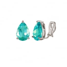 Seduction Teardrop Dark Aquamarine Crystal Silver Tone Stud Clip On Earrings