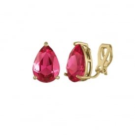 Seduction Teardrop Deep Rose Pink Crystal Gold Tone Stud Clip On Earrings