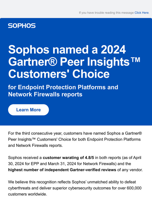 Sophos named a Gartner® Peer Insights™ Customers' Choice for both Endpoint Protection Platforms and Network Firewalls