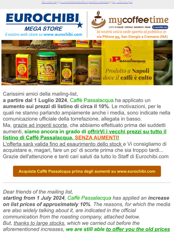 ☕ Ultima possibilità per acquistare Caffè Passalacqua prima degli aumenti dei prezzi. Promozione valida solo per pochi giorni! 💰🚚⭐