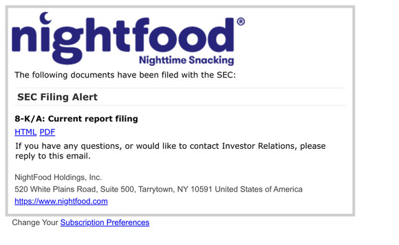 SEC Filing Alert for NightFood Holdings, Inc.