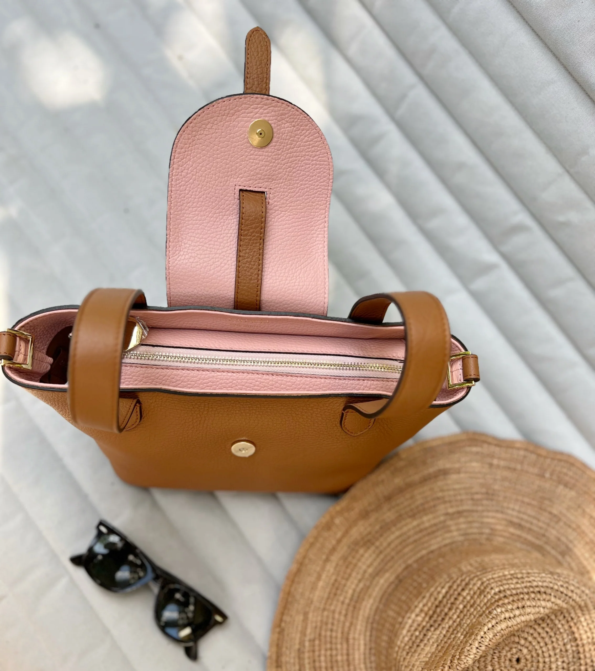 Thela Mini Tan with Pop of Pink Zip Handbag - Luxurious Italian Leather Tote
