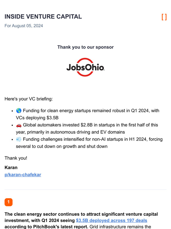 Clean energy funding remains robust / Automakers invest $2.8B in startups / Funding challenges for non-AI startups