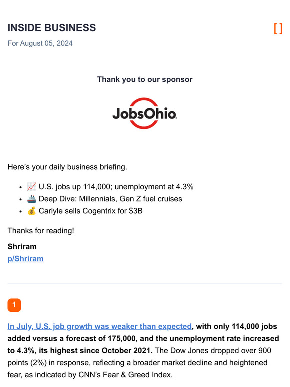 U.S. jobs up 114,000; unemployment at 4.3% / Deep Dive: Millennials, Gen Z fuel cruises / Carlyle sells Cogentrix for $3B