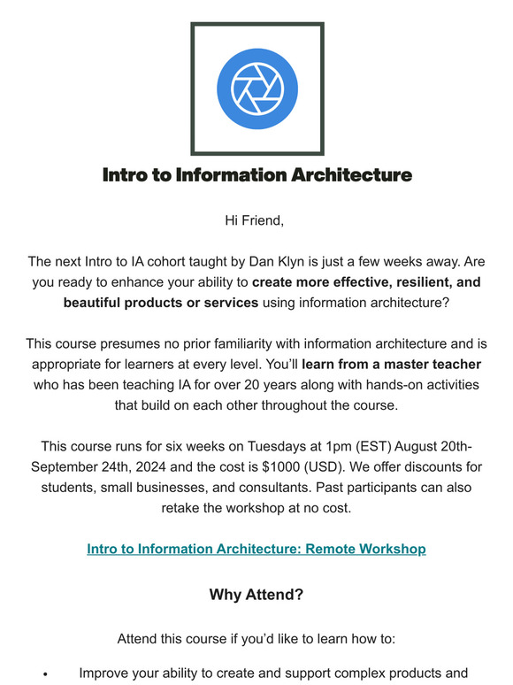 Intro To Information Architecture - Remote Workshop Starting August 20th