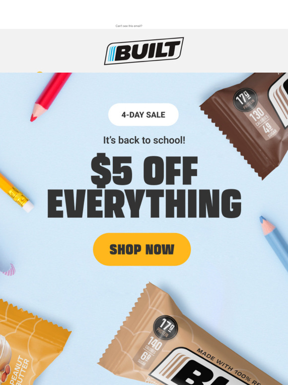 Get $5 off every box with BUILT's Back to School Sale!