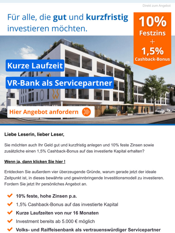 10% Festzins + 1,5% Bonus bei kurzer Laufzeit