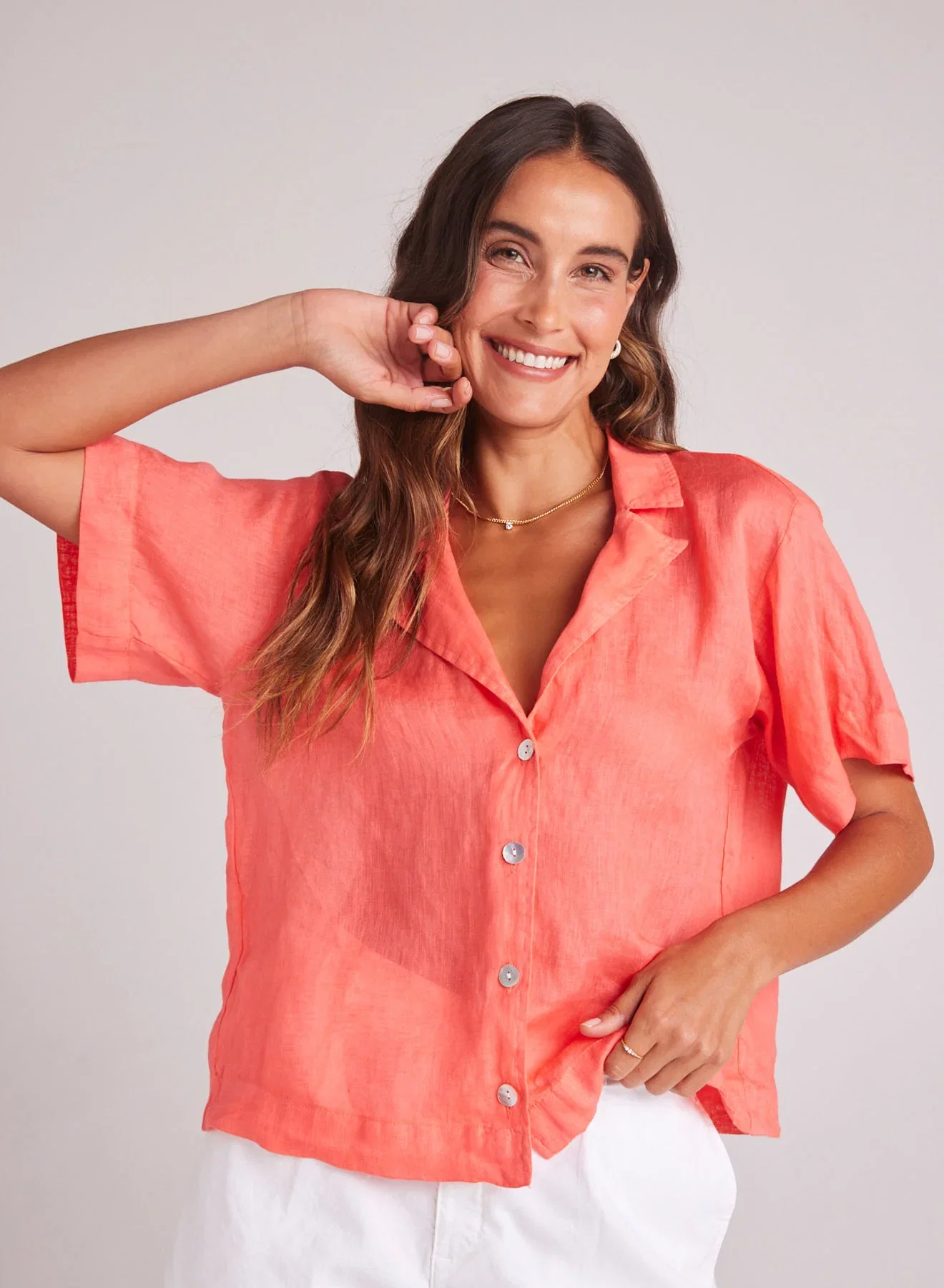 Image of Short Sleeve Flowy Button Down - Hibiscus Bloom