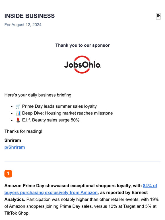 Prime Day leads summer sales loyalty / Deep Dive: Housing market reaches milestone / E.l.f. Beauty sales surge 50%