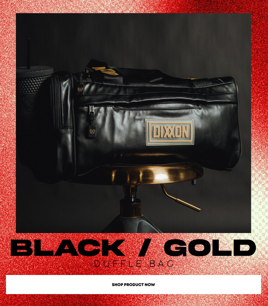 BLACK LEATHER DUFFLE W/ GOLD OVERLOAD PATTERN