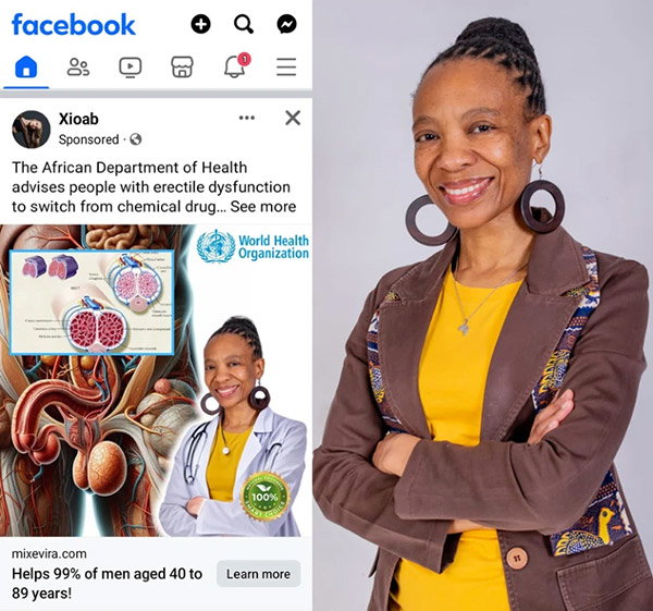 A faked advertisement on Facebook features an image of a urologist promoting an erectile dysfunction drug. An actual portrait of the urologist, which was used to generate the deepfake, is shown on the right.