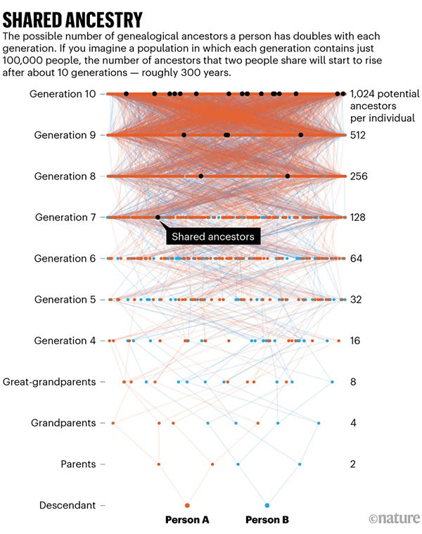 Simulated family tree of two individuals in a population of 100,000 people over ten generations.