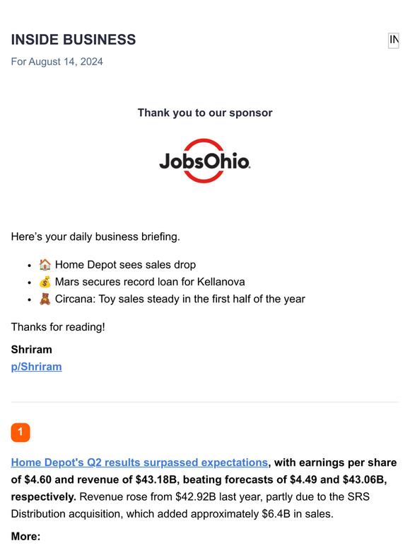 Home Depot sees sales drop / Mars secures record loan for Kellanova / Circana: Toy sales steady in the first half of year