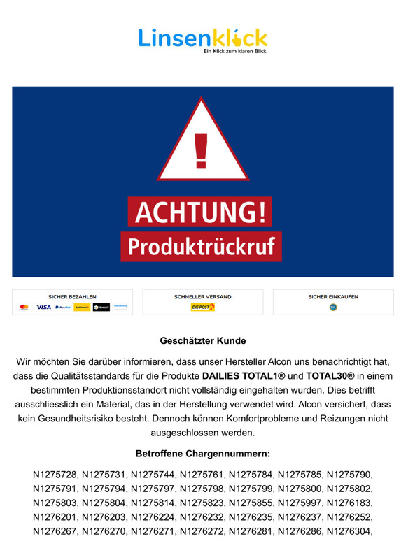 Wichtig: Produkt Rückruf DAILIES TOTAL1(R) und TOTAL30(R) und 30% Rabatt auf alle Produkte