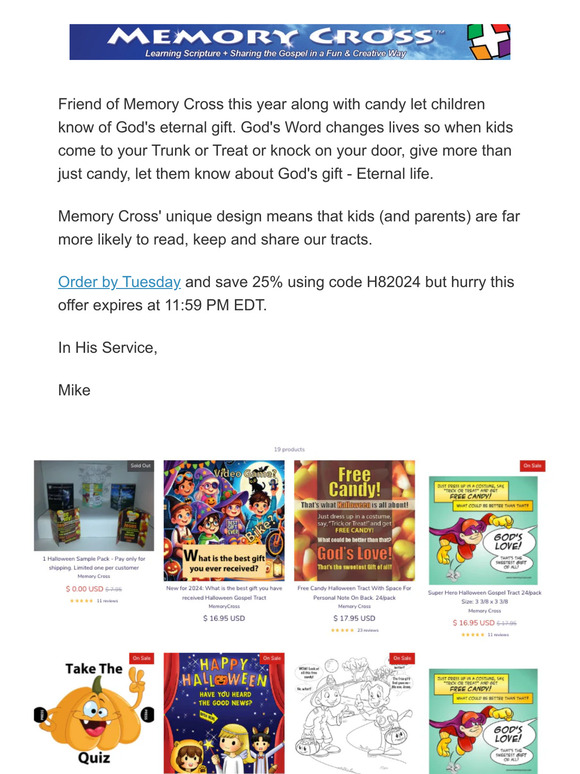 Less than 4 days to save 25% on all Memory Cross Halloween Tracts