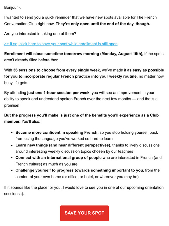 Aujourd’hui only: join The French Conversation Club 👋