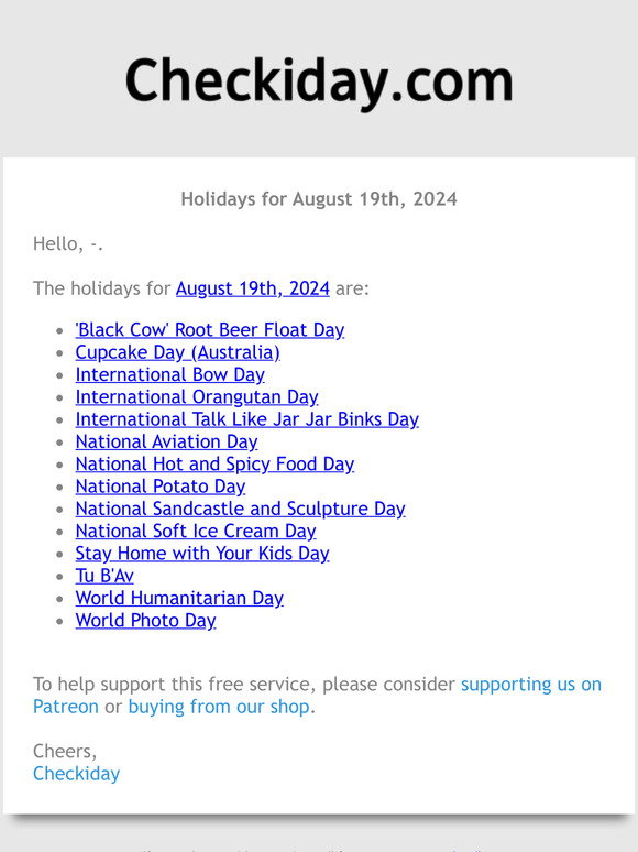 Checkiday: Holidays for August 19th, 2024! 📅🎉 | Milled