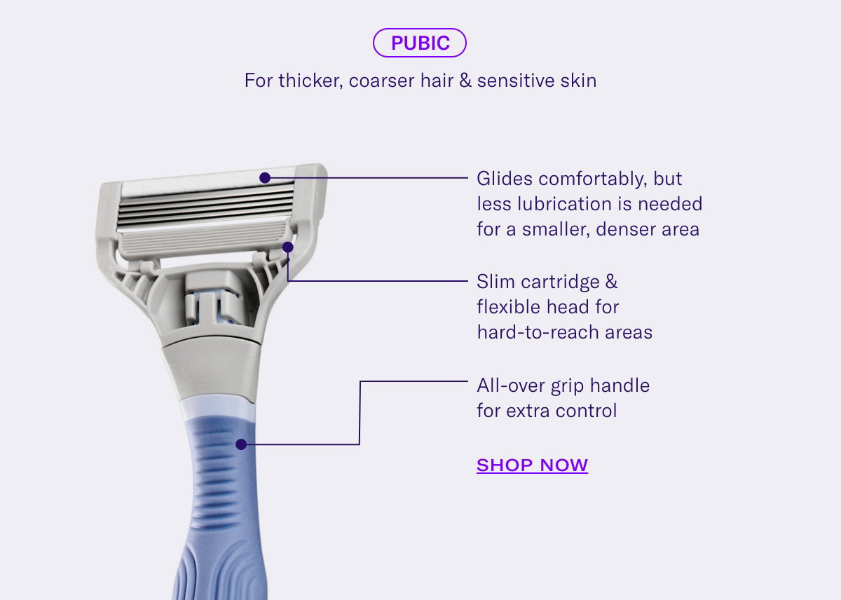 PUBIC: For thicker, coarser hair & sensitive skin  [point to cartridge] Slim cartridge & flexible head for hard-to-reach areas  [point to glide strip] Glides comfortably, but less lubrication is needed for a smaller, denser area [point to handle ] All-over grip handle for extra control. Shop Now