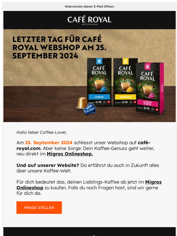 Letzte Tage für Café Royal Webshop