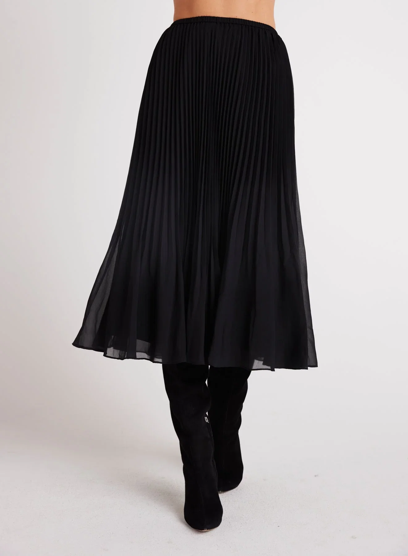 Image of Sunburst Pleated Chiffon Midi Skirt - Black