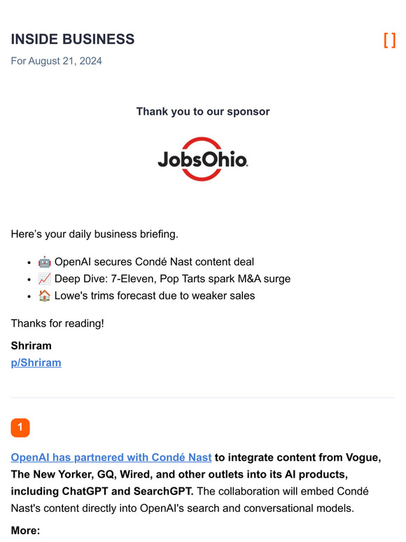 OpenAI secures Condé Nast content deal / Deep Dive: 7-Eleven, Pop Tarts spark M&A surge / Lowe's trims forecast due to weaker sales