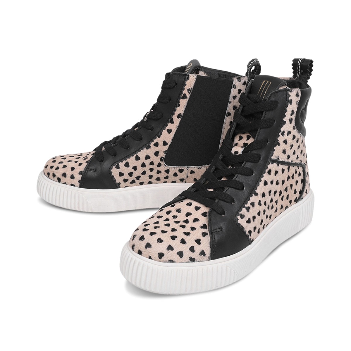 NIMA Fell Leo Herzen Beige mit Schwarz Sneaker Turnschuh high aus Kuhfell Leder in Beige mit Herzchen und Schwarz