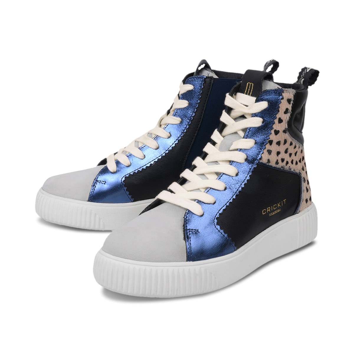 NIMA Schwarz mit Fell Leo Herzen Beige und Metallic Blau Sneaker Turnschuh high aus Kuhfell Leder in Platin mit Herzchen