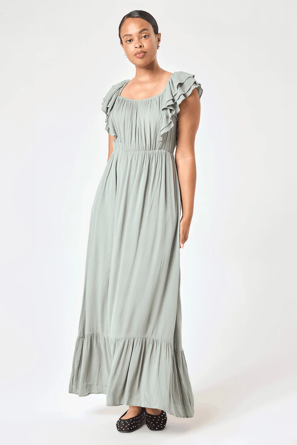 Image of Grey Green 3 Tier Ruffle Sleeve Maxi Dress