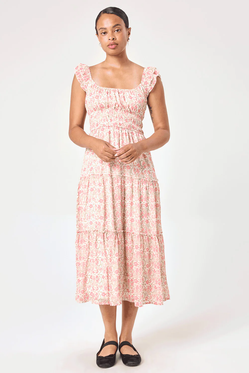 Image of White Pink Floral Flutter Sleeve Midi Dress