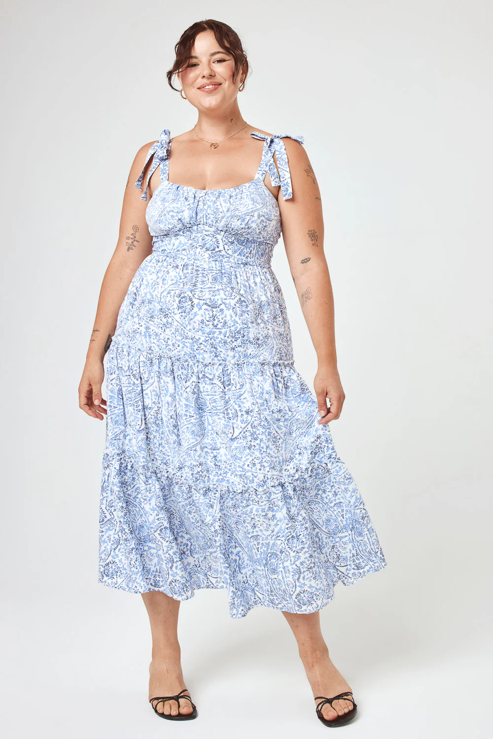 Image of White Blue Floral Tie Shoulder Ruffle Midi Dress