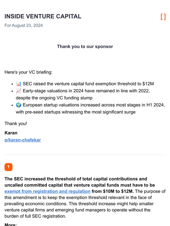 SEC raises VC fund exemption threshold / Early-stage valuations remain similar to 2022 / European startup valuations increase