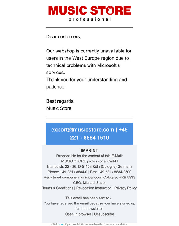 Our Online Shop is Currently Unavailable Due to Microsoft Cloud Issues Across Europe