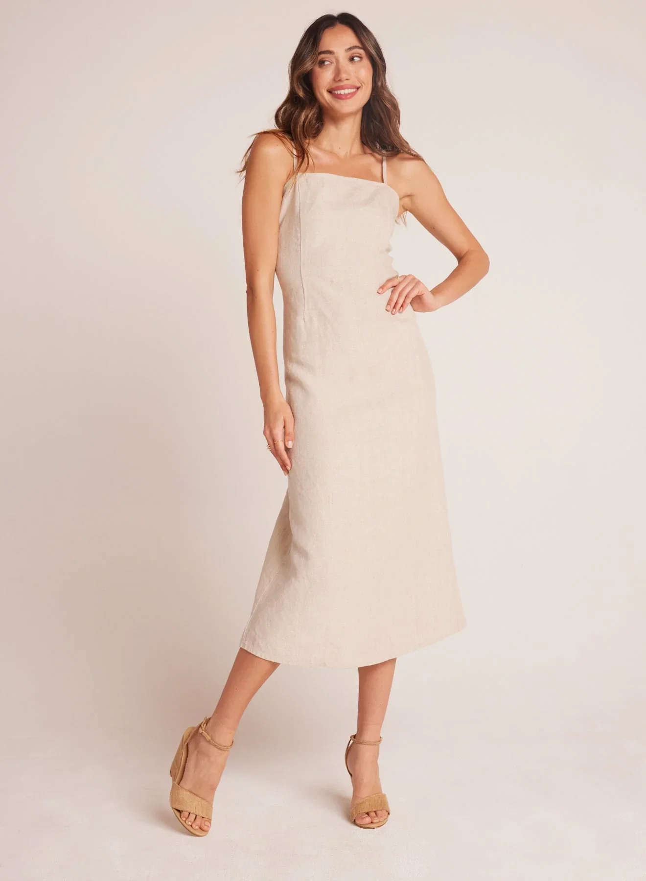 Image of Fitted Cami Midi Dress - Linen Sand