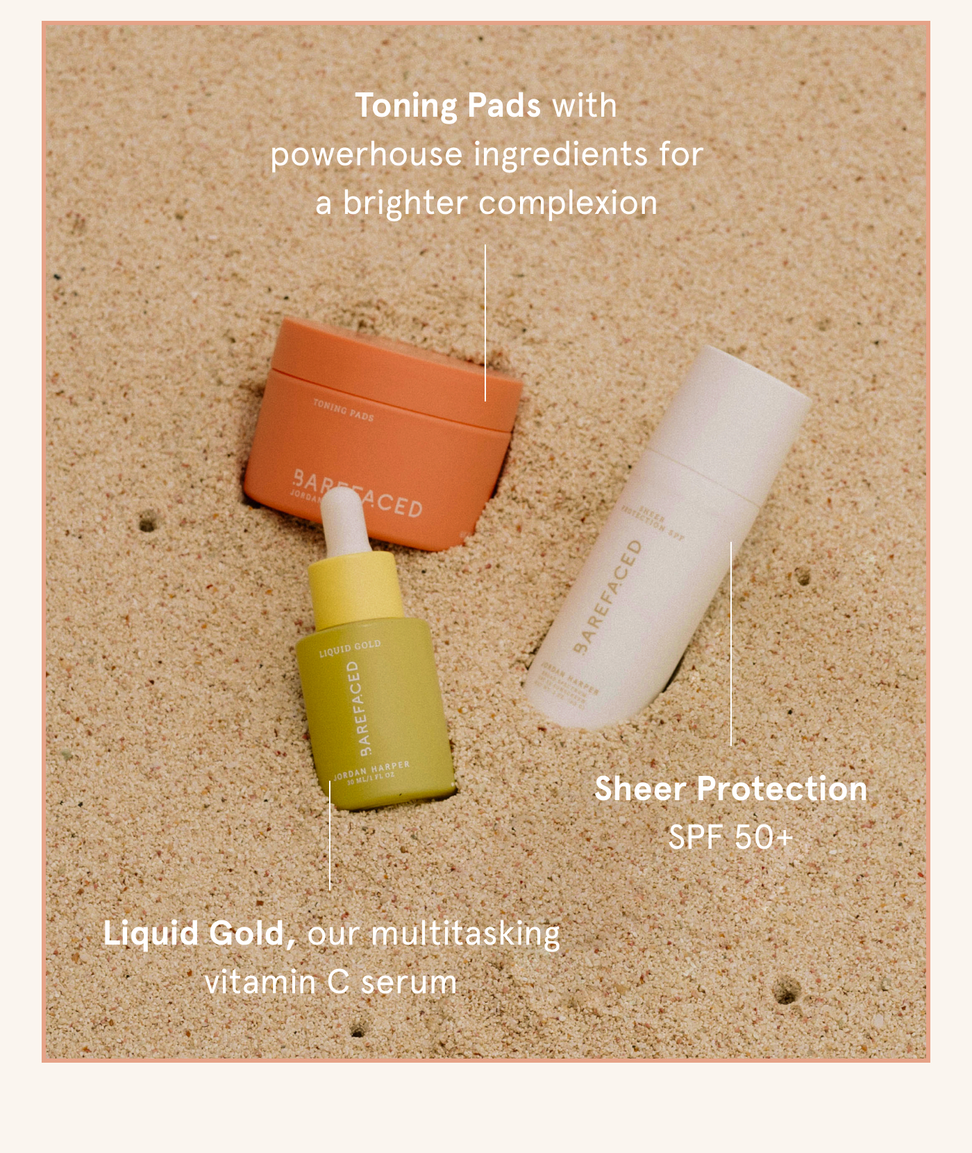 Liquid Gold, our multitasking vitamin C serum | Sheer Protection SPF 50+ | Toning Pads with powerhouse ingredients for a brighter complexion