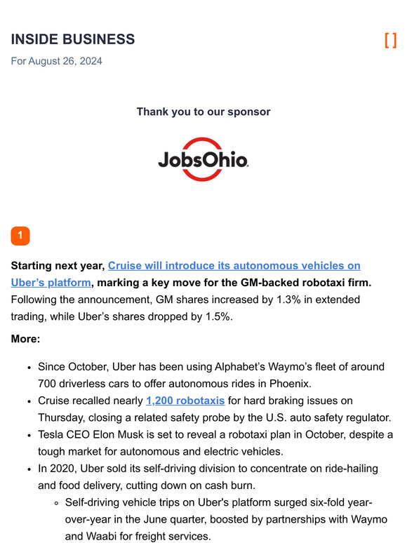 Cruise to add autonomous cars to Uber in 2025 / Deep Dive: U.S. back-to-school spending to hit $39B / Suntory expands U.S. canned cocktails