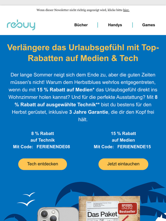 ⛵ Sommer-Finale: 15 % auf Lieblingsmedien und 8 % auf Tech sparen!