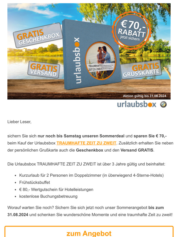 ☀ Nur noch drei Tage – jetzt noch schnell € 70,- Rabatt auf die Urlaubsbox TRAUMHAFTE ZEIT ZU ZWEIT sichern! ☀