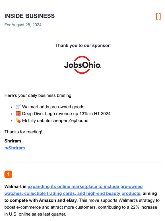 Walmart adds pre-owned goods / Deep Dive: Lego revenue up 13% in H1 2024 / Eli Lilly debuts cheaper Zepbound