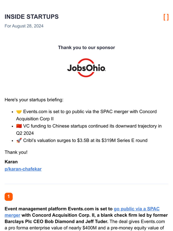 Events.com to go public via SPAC merger / Chinese startup funding continues to slump / Cribl’s valuation surges to $3.5B