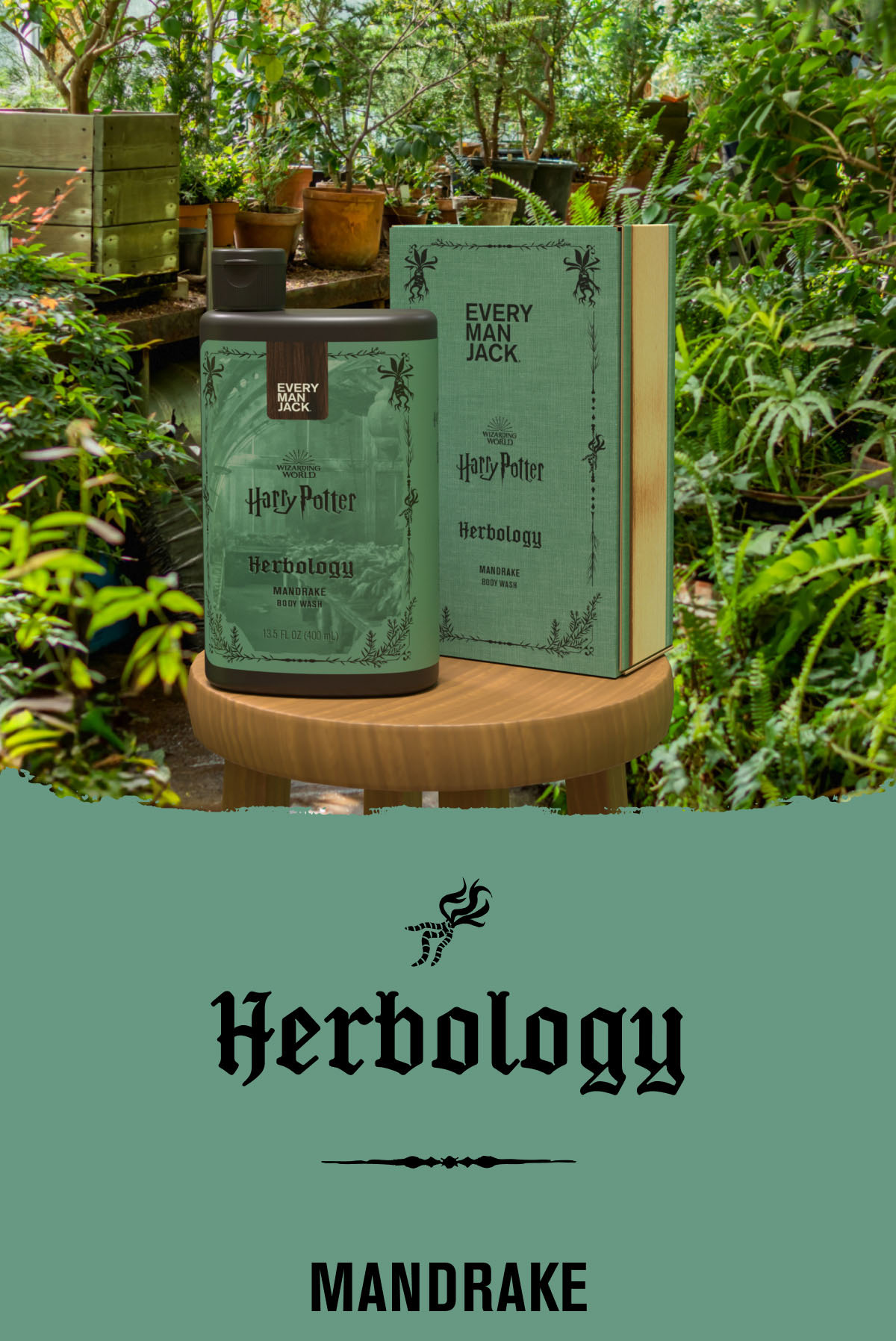 Herbology: Mandrake Body Wash in a lush garden setting